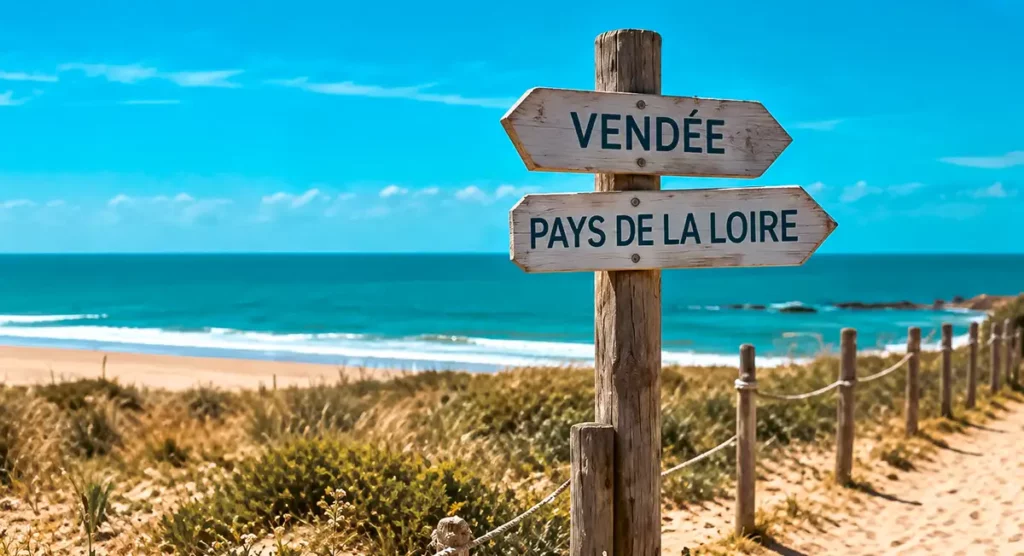 vu d'un panneau avec une double direction sur la plage dans les dunes avec la mer en arrière-plan